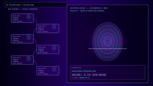A biometric payment verification process involves a digital interface showing abstract glowing lines forming fingerprint imagery while scrolling data nodes populate the glowing dark purple screen