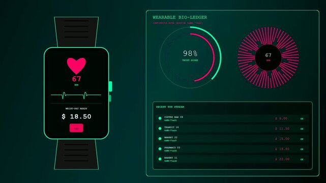 A biometric payment verification process unfolds on a digital wearable interface as heart rate data changes in real time across three separate dark themed monitoring screens