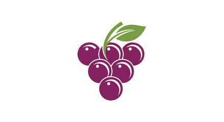 Obraz premium A cluster of ripe purple grapes with green leaves on a white background, fresh fruit icon