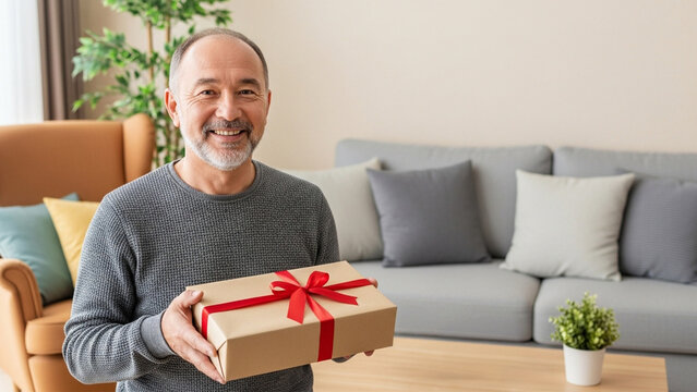 プレゼントを持っているシニアの男性