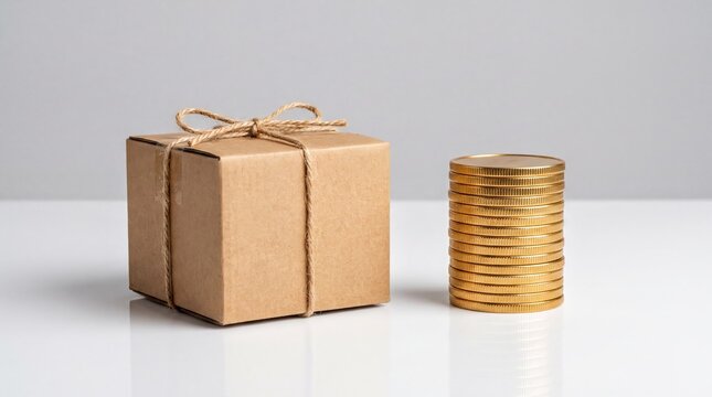 return process symbols, a neat cardboard package tied with jute string beside a stack of gold coins