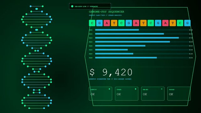 Digital dna sequencing showing biometric payment verification with shifting genetic data patterns and financial icons displayed on a sleek glowing interface inside a dark virtual environment