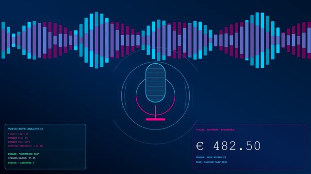 Digital biometric payment verification interface with glowing neon sound waves and streaming financial data displayed on a dark blue virtual screen.