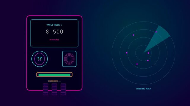 Digital displays showing biometric payment verification with rotating radar scan and loading bar animations in a dark neon aesthetic style for modern financial transaction security concepts