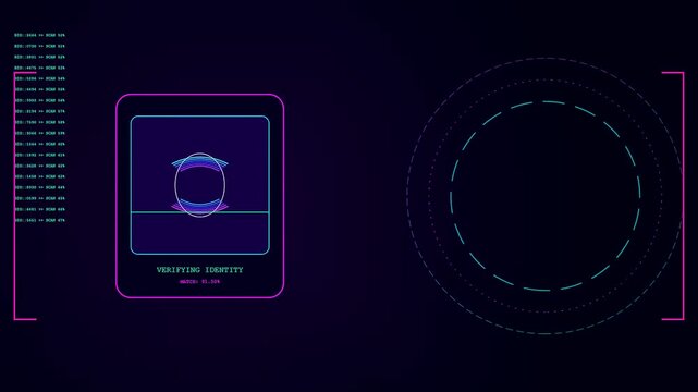 A biometric payment verification process glows with digital light patterns featuring animated circular scanners and data streams displayed within a minimal interface for secure identification