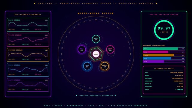 A biometric payment verification process unfolds on a digital display showing layered analytical data graphs and glowing circular interface nodes during a secure authentication sequence
