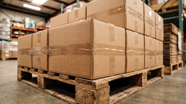 warehouse logistics, neatly stacked cardboard boxes on a wooden pallet in a warehouse