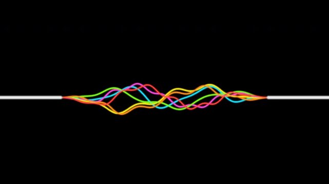 Colorful digital audio waves and data lines fluctuating like a music equalizer
