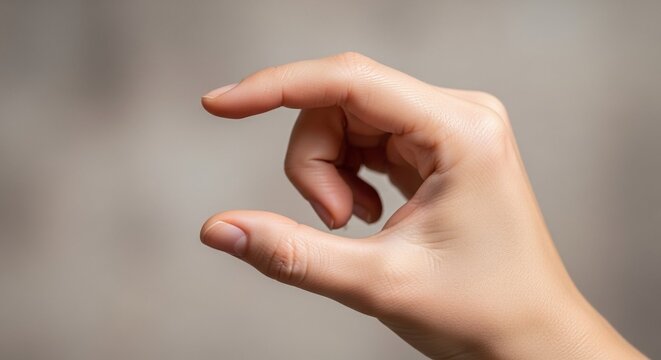 Hand showing a pinching gesture with thumb and index finger. Measuring small amount or holding tiny object. Concept of little size