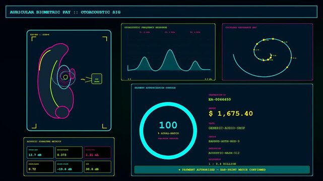 Digital biometric payment verification process display showing anatomical ear mapping and signal frequency graphs for secure transaction validation in a sequence of three evolving data monitor windows