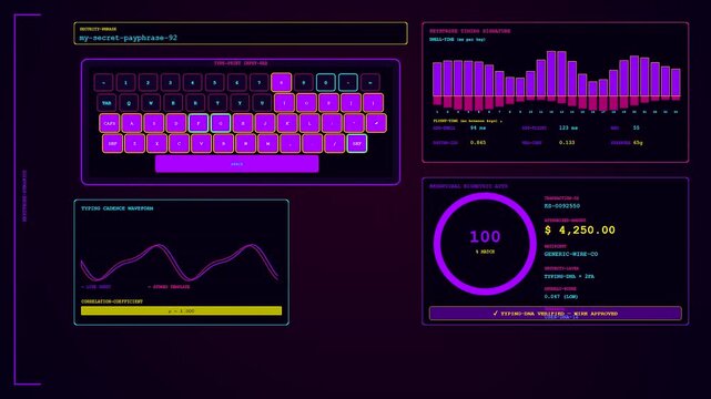Digital biometric payment verification interface shown in a sequence of UI screens displaying typing speed analysis and transaction confirmation progress in a dark glowing environment