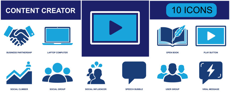 Content creator icon set. Containing business partnership, laptop computer, open book, play button, social group, influencer, speech bubble, user group, viral message and more. Solid fill vector icons