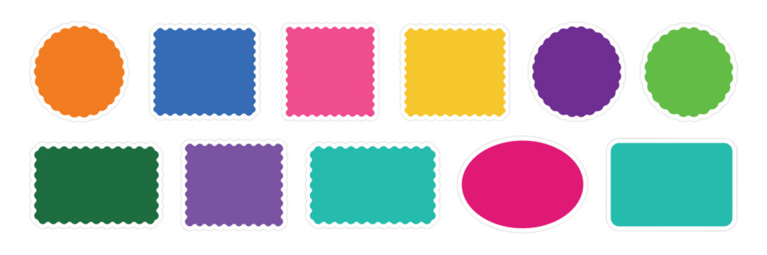 Collection of ten colorful scalloped edge shapes and rounded rectangles