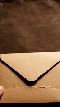 Envelope corner with string tied on textured wall background