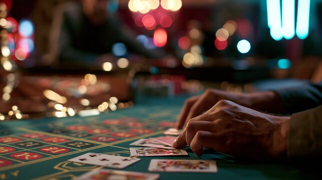 Shallow depth of field captures crisp dealers hands arranging cards while the roulette wheels glow and subtle neon reflections create an atmospheric backdrop in a darkened casino