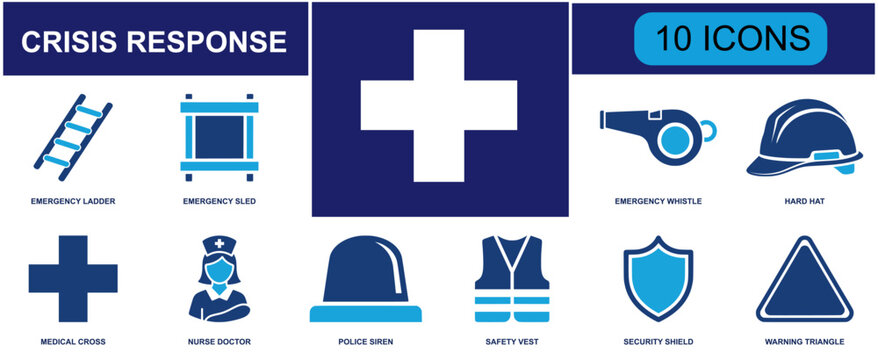 Emergency crisis response icon set. Containing emergency ladder, sled, whistle, hard hat, medical cross, siren, safety vest, security shield, warning sign and more. Solid fill vector icons.