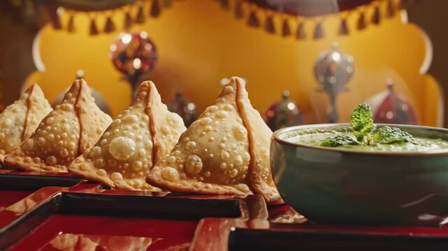 Rows of blistered golden pastries on copper trays accompany fresh mint chutney for samosa day, staged against an ornate amber buffet with rising steam, reflective serving pieces, and festive warmth
