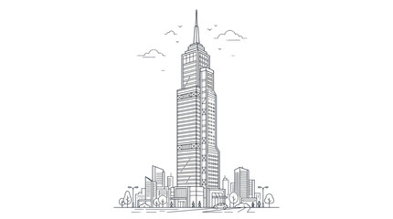 Hand-drawn sketch of a tall skyscraper in a cityscape, representing urban development and architecture. © hana