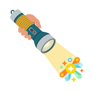 A hand holding a flashlight emitting a beam of light with colorful geometric shapes and stars.