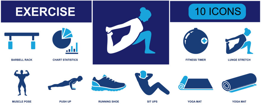 Exercise icon set. Containing barbell rack, chart statistics, fitness timer, lunge stretch, muscle pose, push up, running shoe, sit ups, yoga mat and more. Solid fill vector icons.
