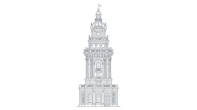 Ornate Clock Tower Line Drawing, Historic Building Facade, Architectural Detail