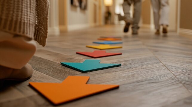Focused medium shot on vibrant arrow symbols along a minimalist passageway highlighting the caregivers careful escort of a dementia patient in a quiet warmtoned environment.