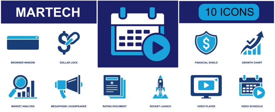 Martech icon set. Containing browser window, financial shield, growth chart, market analysis, megaphone, report, rocket launch, video player, calendar and more. Solid fill vector icons.
