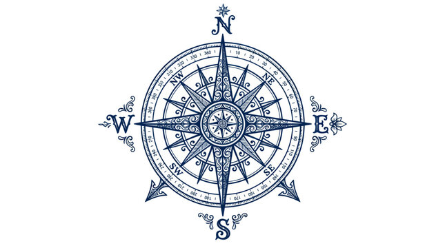 Vintage Nautical Compass Rose Illustration, Navigation Tool, Direction Finder