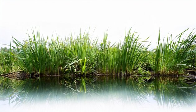 swamp reflecting on white background with tall green grass growing on the shore