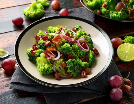 scratch made green broccoli salad with juicy grapes sweet onions and bacon