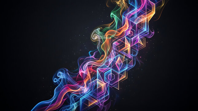 Vibrant Multi Colored Ethereal Smoke Flowing Through Luminous 3D Geometric Cubes Abstract Background