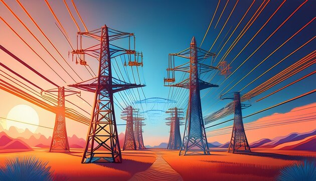 technology of electrical power distribution shown with high voltage lines and insulators