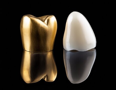 magnified perspective of adjacent teeth fitted with one gold crown and one porcelain dental crown