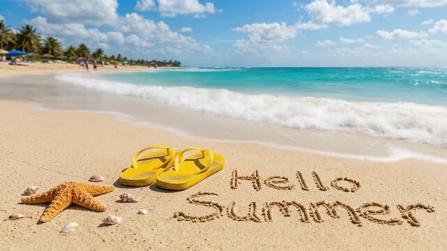 Yellow flip-flops and starfish on sandy beach with 'Hello Summer' written