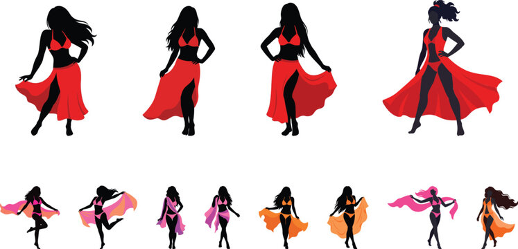 Collection of female silhouettes and outlines in various belly dancing costumes.