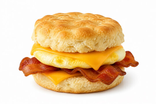 Bacon egg cheese biscuit assembled on white background