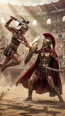 Obraz premium Two women gladiators fighting with sword and shield in ancient colosseum arena. Warrior athlete in metal armor dueling for victory. Historical combat scene and sports competition concept.