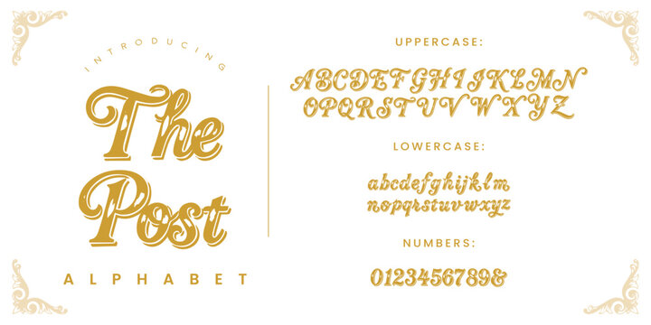 The Post golden script alphabet font set with creative decorative luxury letter style