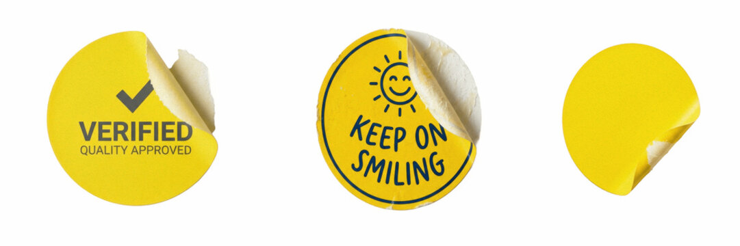 Set of a peeling yellow circular sticker with a sun icon and keep on smiling text, perfect for positive messaging and cheerful designs, isolated on a transparent background.