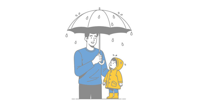Father and child under umbrella rain.