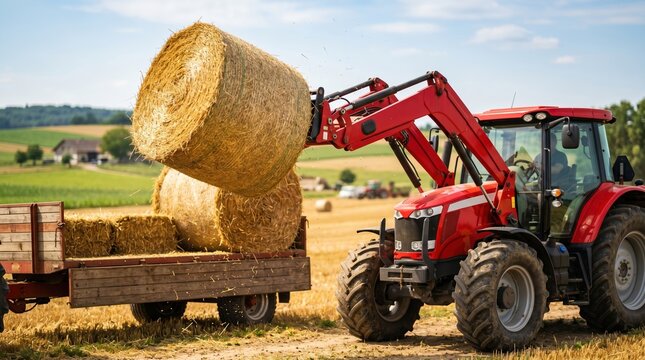 A man operates a tractor to lift large hay bales and place them onto a wooden trailer in a field. The setting is sunny with green hills in the background