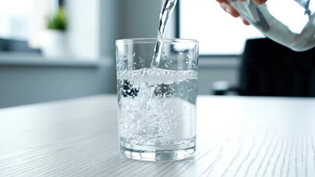 Pouring Clear Water Into a Glass on a Table.