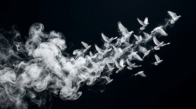 A flock of white doves emerges from swirling white smoke, symbolizing freedom and peace against a dark background