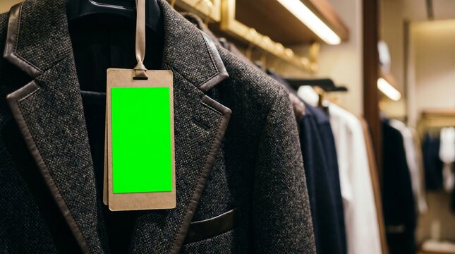 Close up detailed shot of a premium black clothing hanger label cardboard tag with an active chroma key green screen rectangle insert mockup hanging on a fashionable jacket coat rack