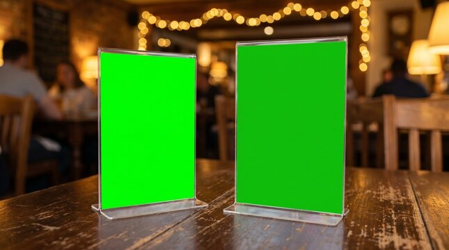 Two blank double sided vertical plastic acrylic sign holder desk displays with a solid neon green screen mockup insert standing on a counter for localized restaurant point of sale menus
