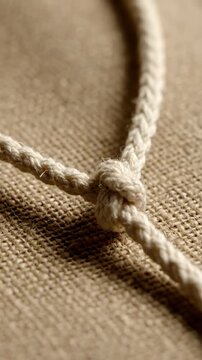 Close up of woven rope knot on textured fabric background
