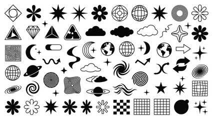 Fototapeta premium Big vector set of Y2K design elements. Trendy abstract minimalist figures, stars, flowers, circles. Vector illustration