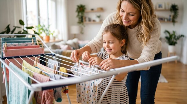 A mother and her young daughter hang laundry on a drying rack in their living room. They work together with smiles while enjoying their time. Sunlight comes through the window