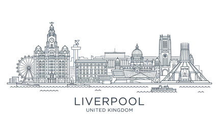 Fototapeta premium Liverpool Skyline Outline Drawing, United Kingdom Cityscape Landmark Illustration
