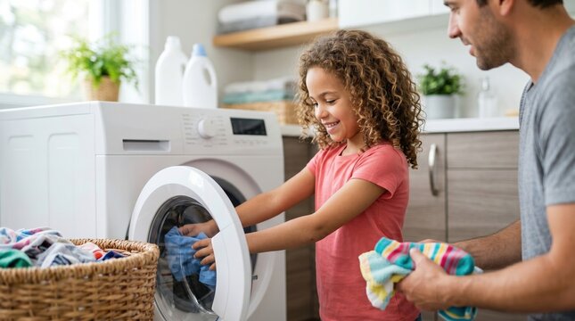 A child and a parent sort laundry together in a home laundry room. The child puts clothes into the washing machine while the parent holds items in their hands